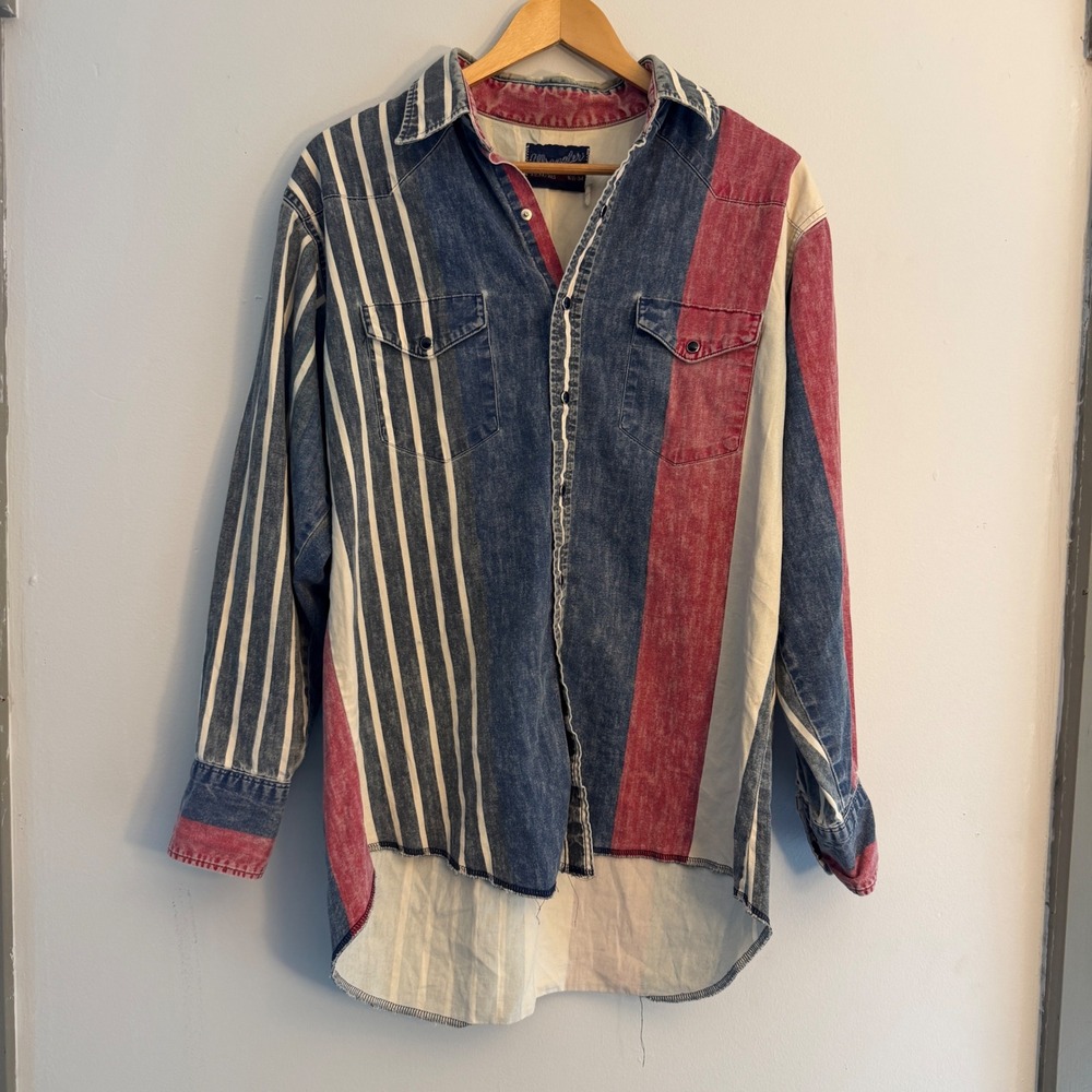 Vintage Wrangler Brushpopper Western Shirt Mens 16.5-34 Striped Colorblock Red